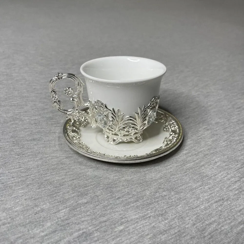 Pandiani Pologne Turkish Porcelain Silver Coffee, Tea Cup with Plate 2 PCS. Set